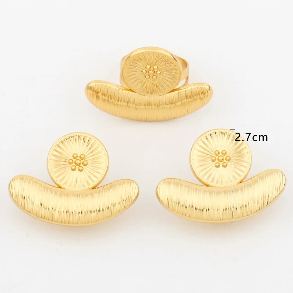 Fashion Jewelry Set Dubai Gold Color Luxury Flower Shape Adjustable Ring Round Earrings For Women Wedding Party Gifts Daily Wear