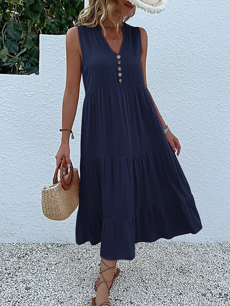Casual Summer Midi Dress Sleeveless V-Neck