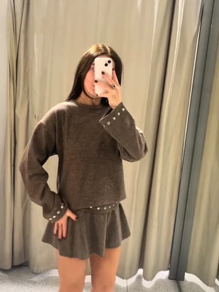 Knitted Sweater and Pleated Skirt Set