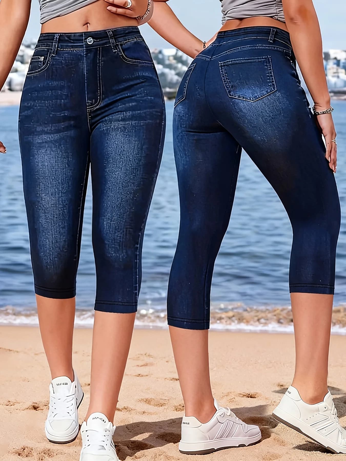 Women's Summer Capri Leggings with Denim Print