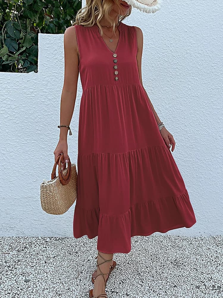 Casual Summer Midi Dress Sleeveless V-Neck