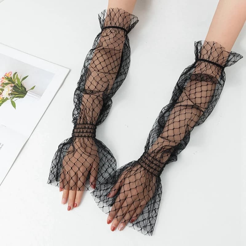 nail art photographic props sexy black lace  mesh sleeve shooting decoration hollow transparent long glove Manicure showing tool