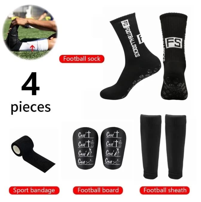 4 Pieces Soccer Football Gear Set Anti-Slip Socks Shin Guards Sports Bandage & Calf Sleeves for Men Women Training