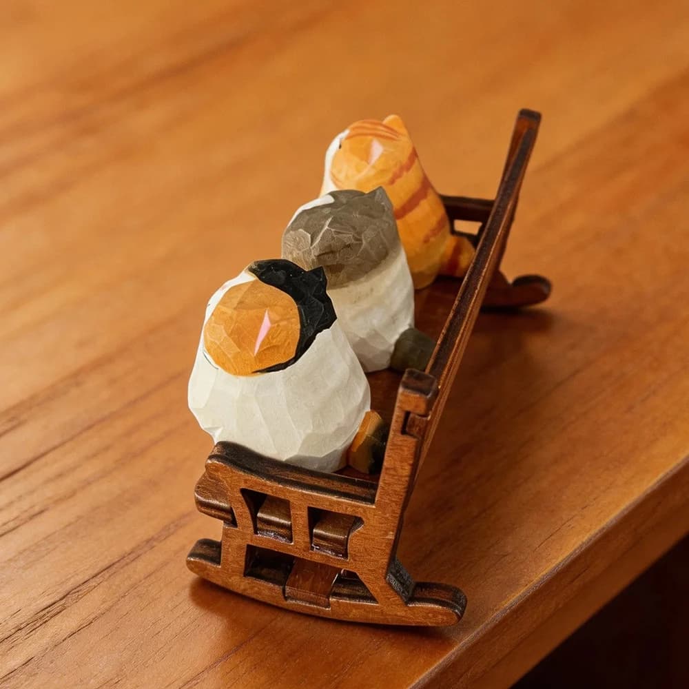 Hand Carved Wooden Cat Figurines Cute Kitten Statue with Mini Bench Home Orange Calico Cat Ragdoll Cat Desktop Ornament Gift