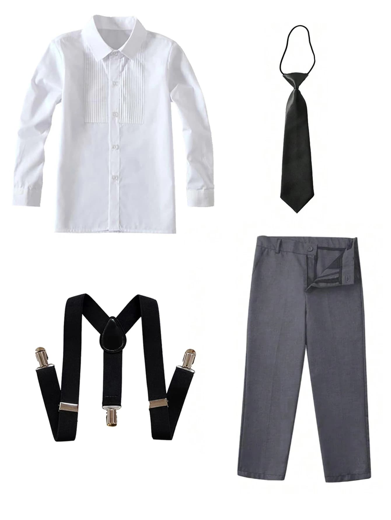 4pcs/set Boys' Suit Set With  Shirt , Pants  Tie And Straps School Uniforms