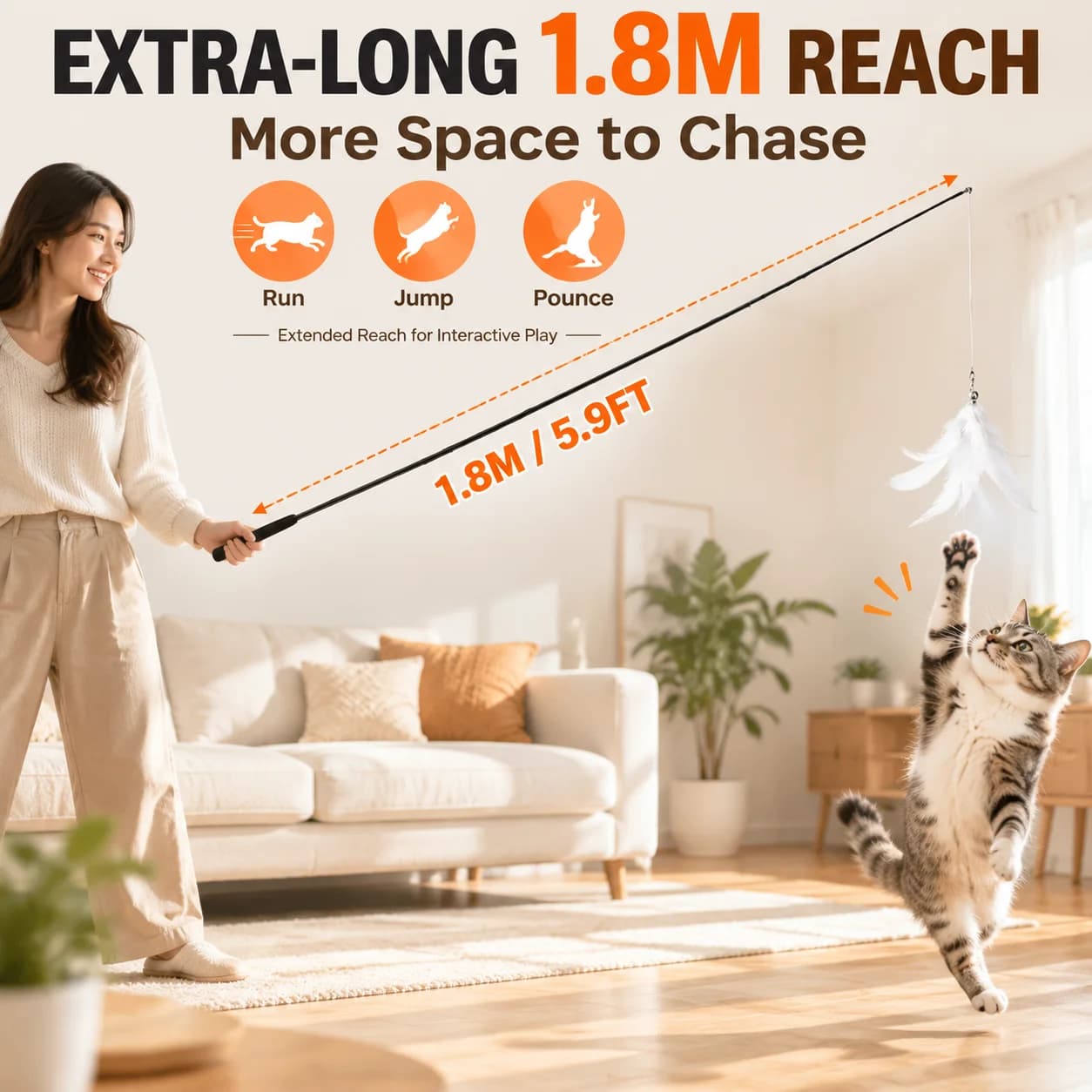 Telescopic Cat Wand Toy with 6 Feather Lures