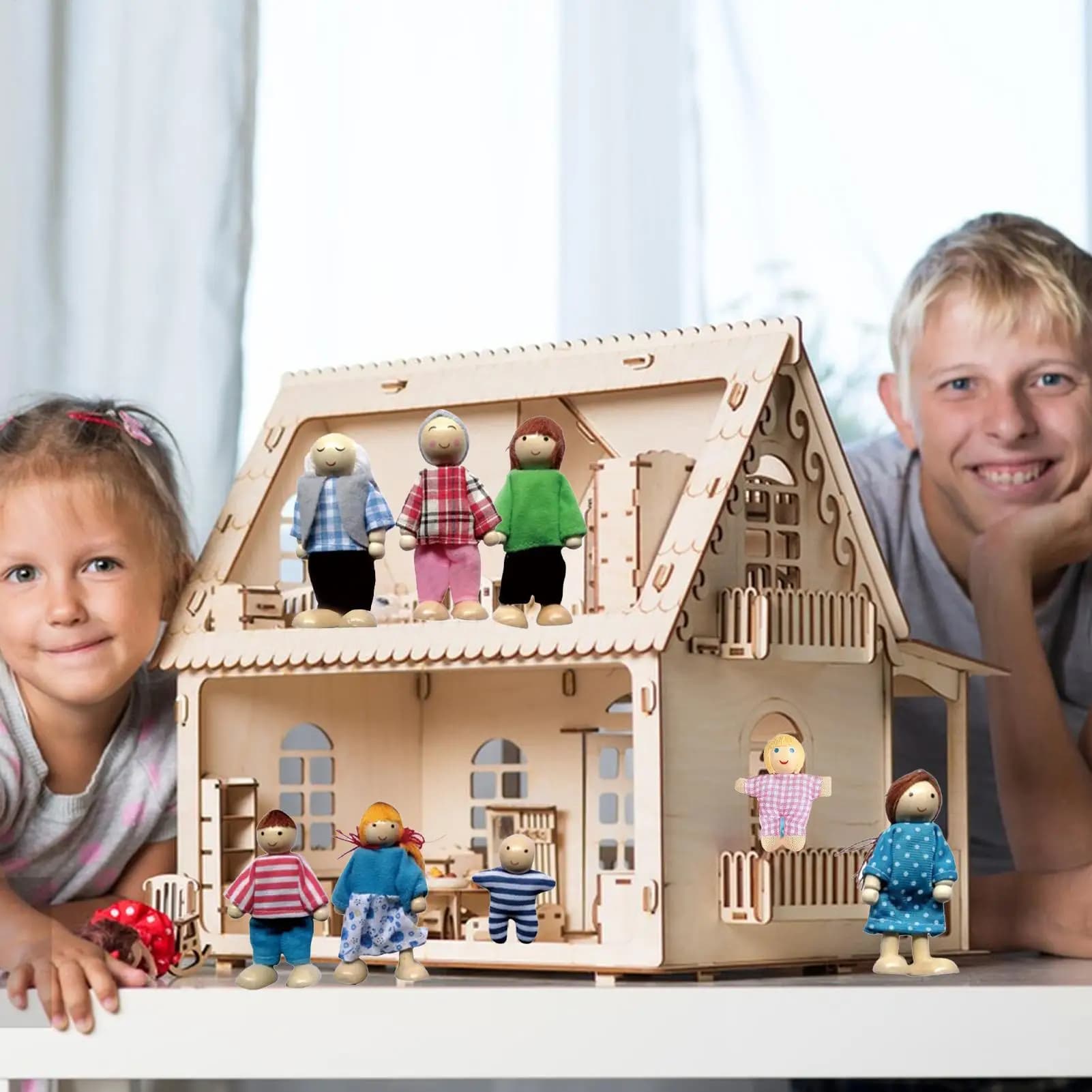 Bendable Wood Doll House People Figures Set of 8