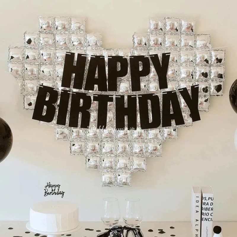 Silver Mosaic Heart Backdrop Birthday Balloon Banner