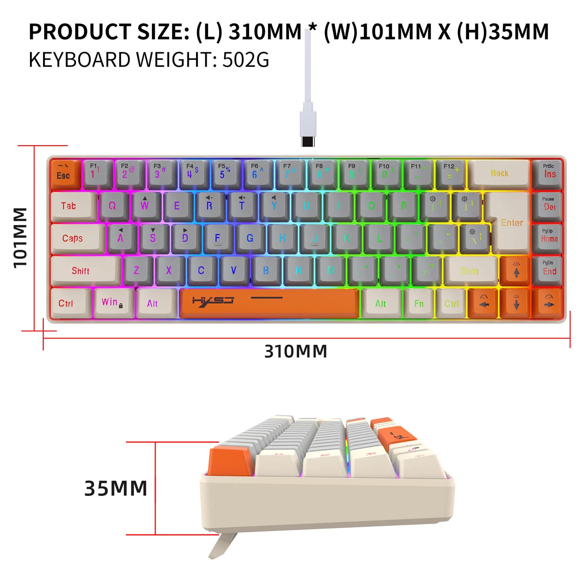 Teclado Gamer Color Game Film Keyboard 65% Key-Line Separation RGB Backlit Multi-Function Wired USB Keyboards Gaming PC Branco