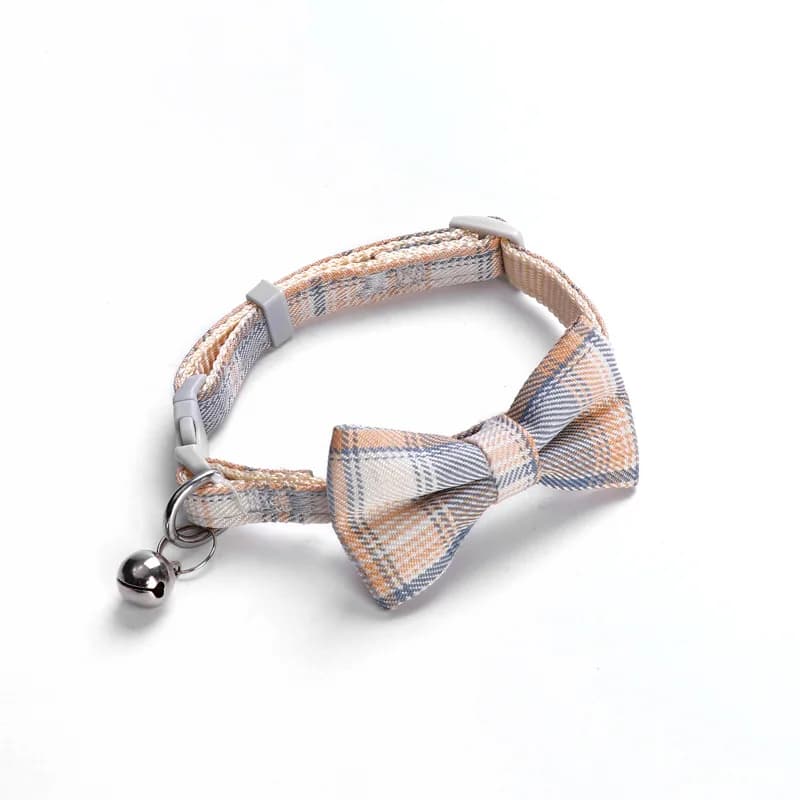 Adjustable Pet Collar with Bell and Plaid Bowtie
