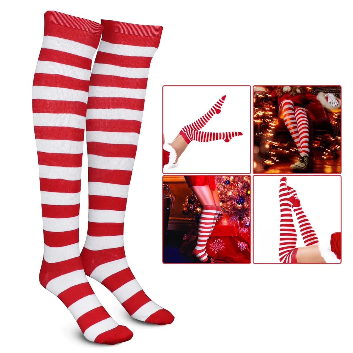 Christmas Red and White Striped Thigh-High Stockings