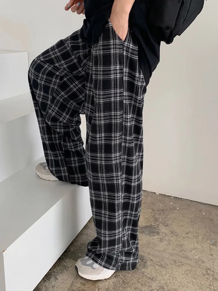 Black Plaid Wide-Leg Casual Pants