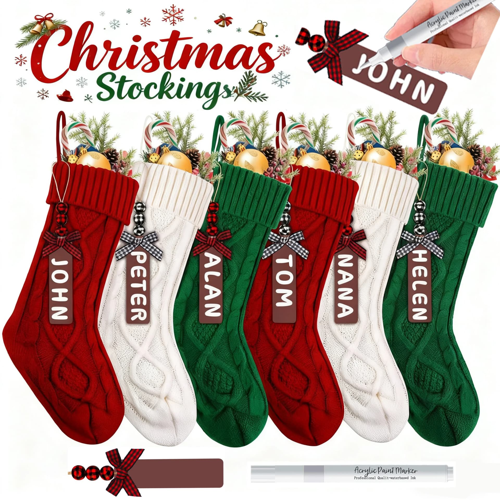 Cable Knit Christmas Stockings with Name Tags