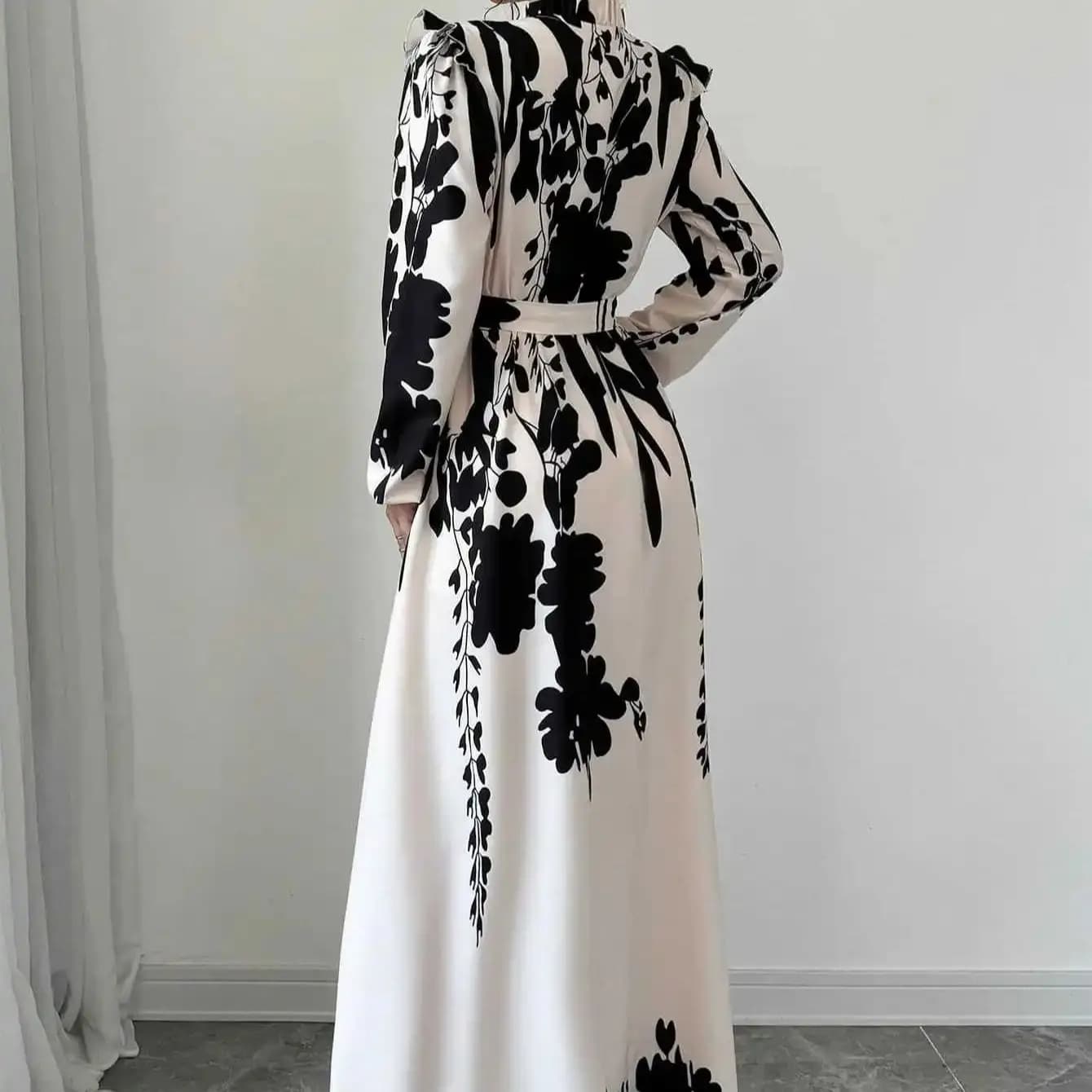 Black and White Floral Long Sleeve Ruffled A-Line Dress