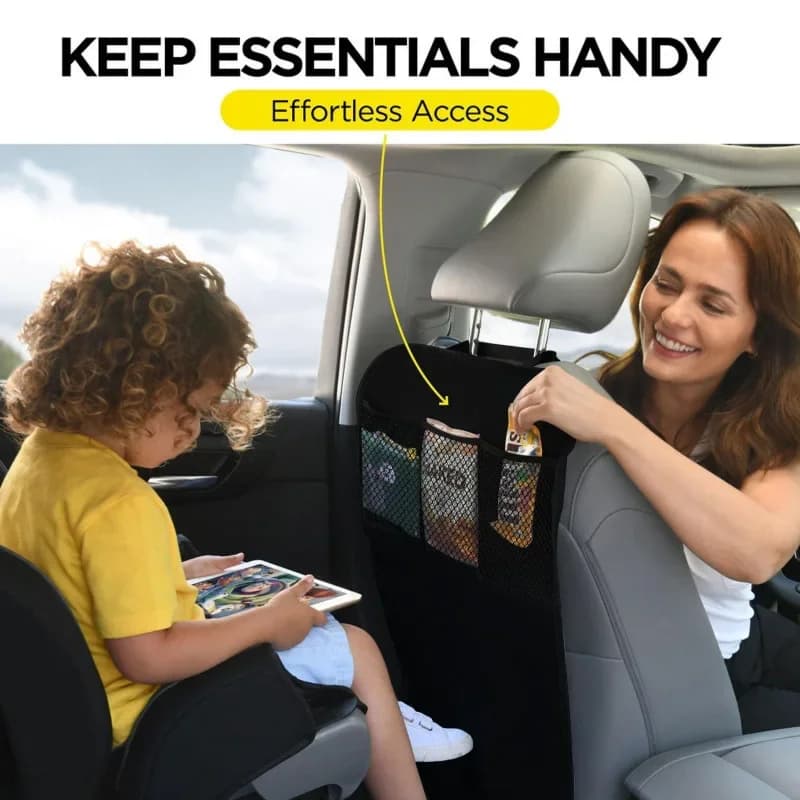 Black Seat Cover for Kids with 3 Pocket Storage Organizer, Waterproof Kick Mats Backseat Protector, Car Seat Back Protectors
