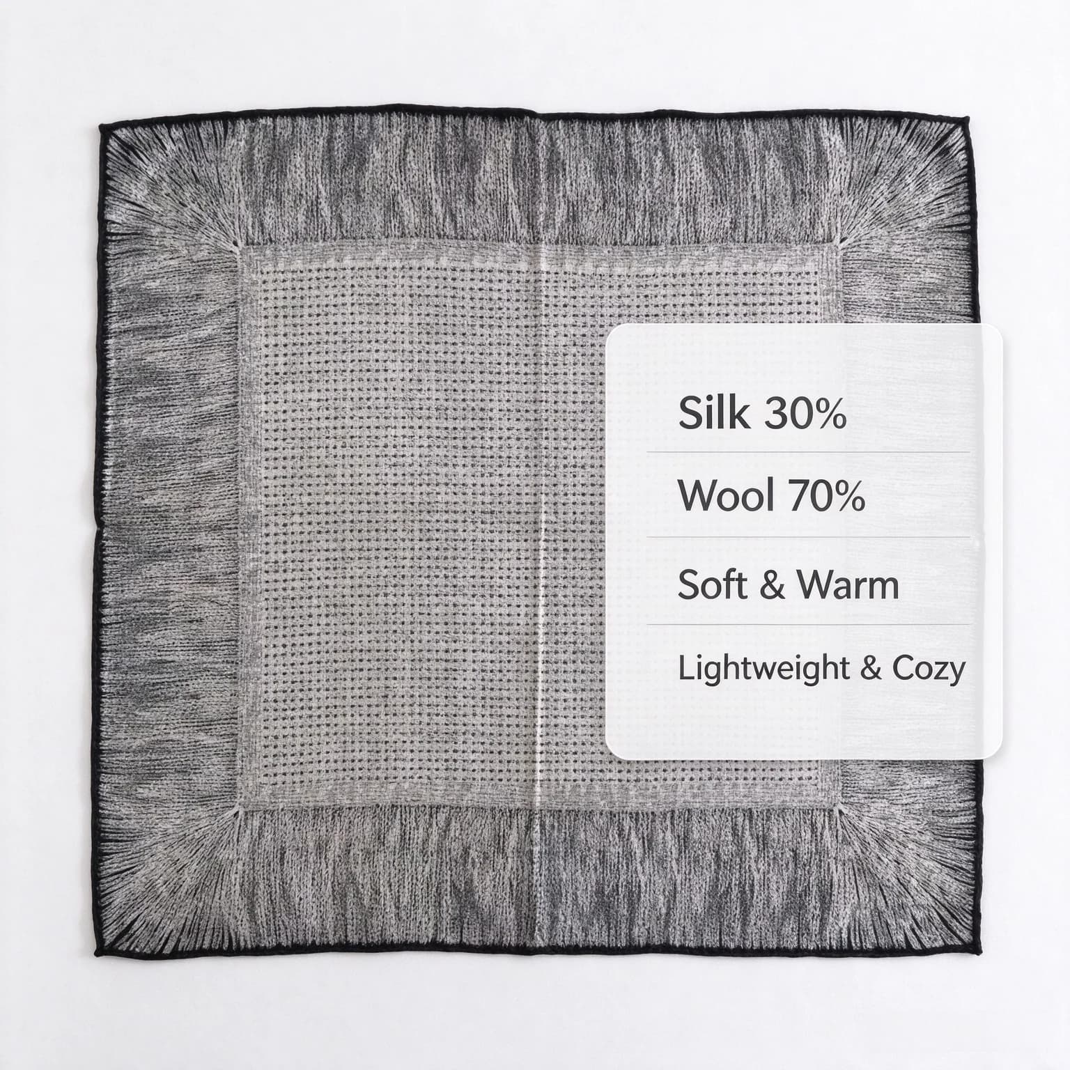 Lightweight Silk Wool Square Scarf Gray Grid