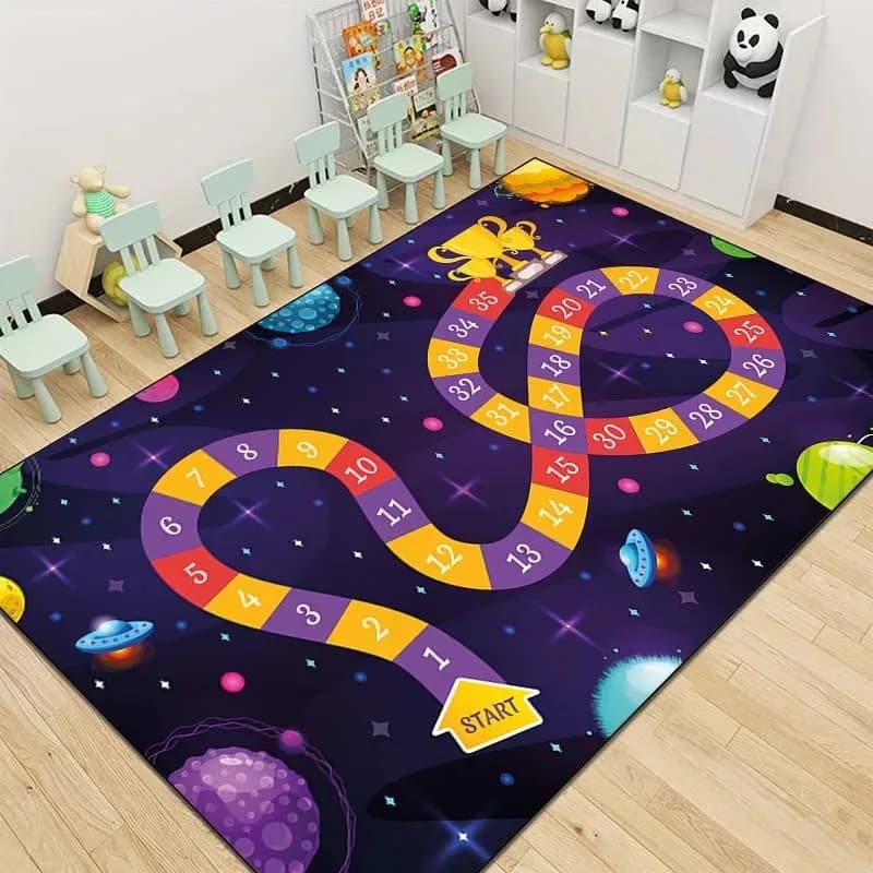 Kids Game Pattern Floor Mat Various Styles with Snakes Ladders Alphabet and Space Themes NonSlip Rug for Children's Room Decor