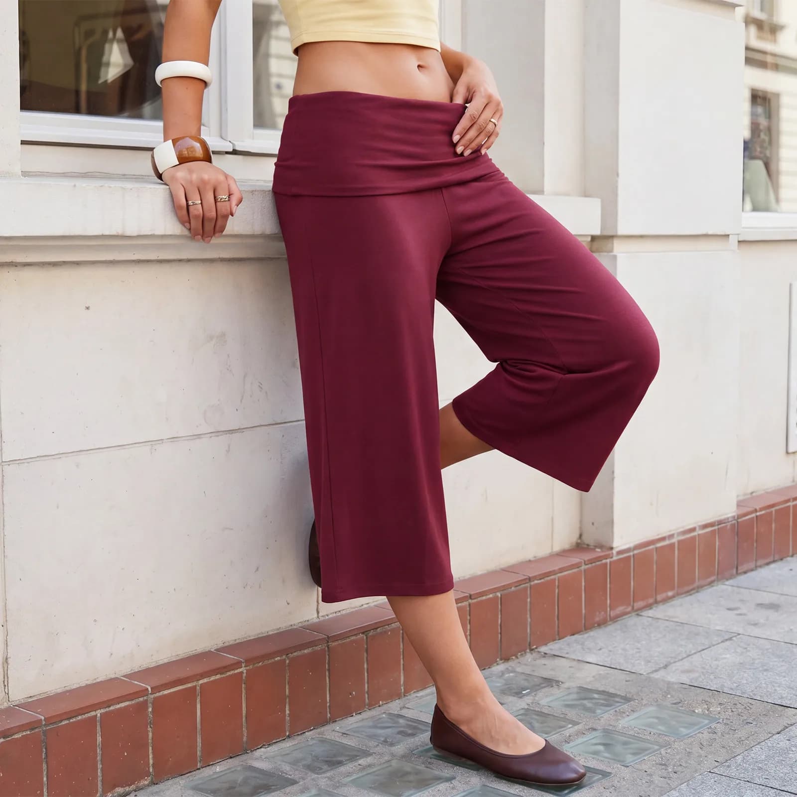 Women's Fold-Over Capri Pants Wide Leg Lounge