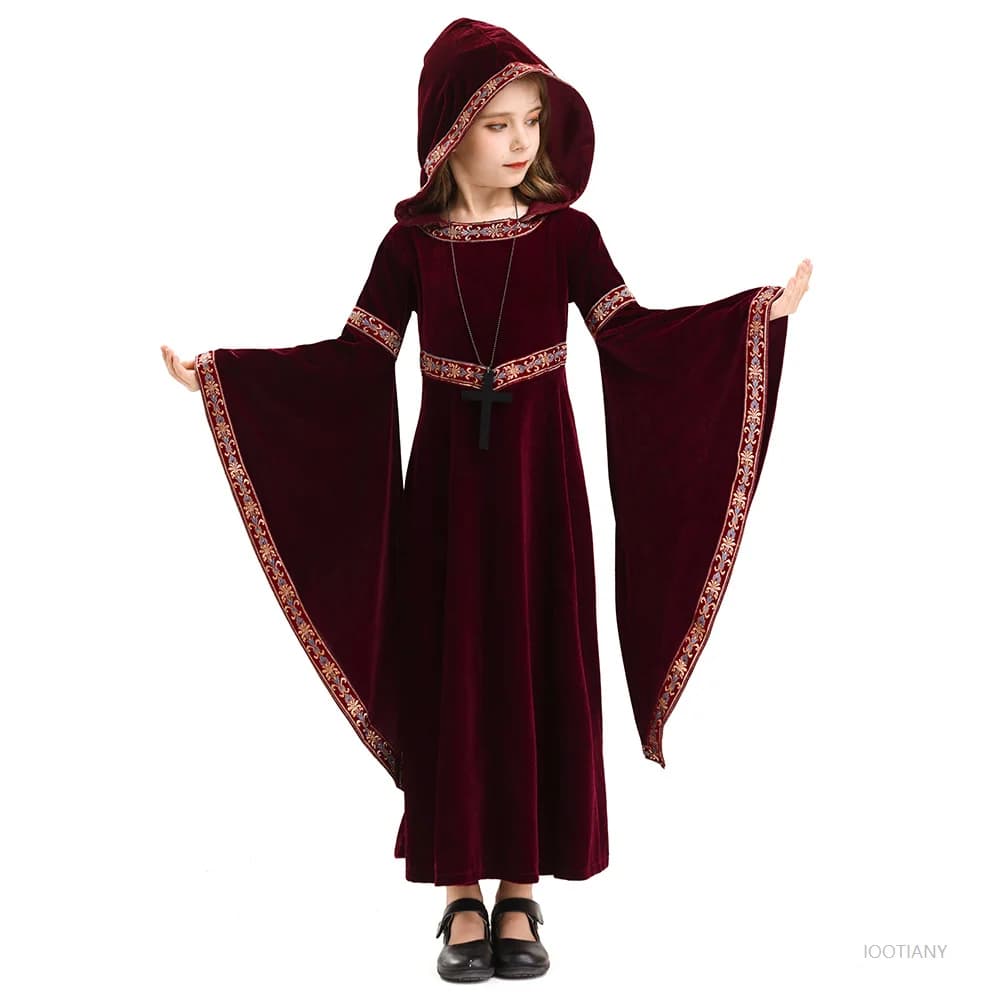 Halloween Costume Death Costume Children's Medieval Retro Gothic Vampire Hooded Witch Long Skirt Carnival Party Role Play Dress
