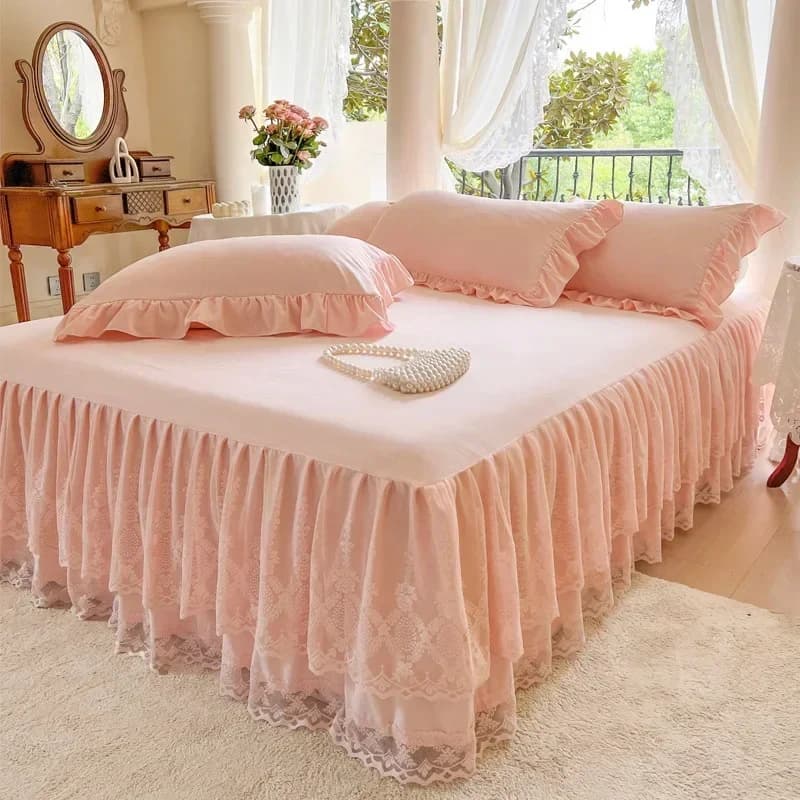 Three Layer Gauze Lace Bed Cover with Ruffled Edge