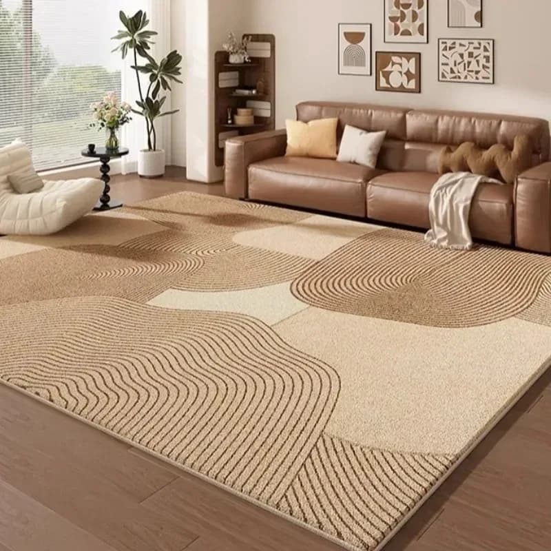 Large Beige Brown Abstract Wavy Line Floor Rug