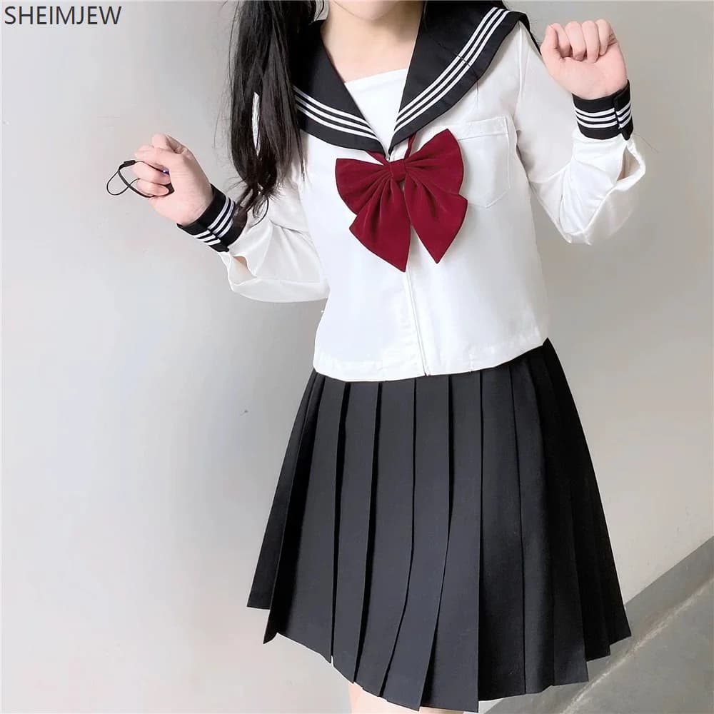 Japanese School Sailor Uniform Black White Three-Piece Set