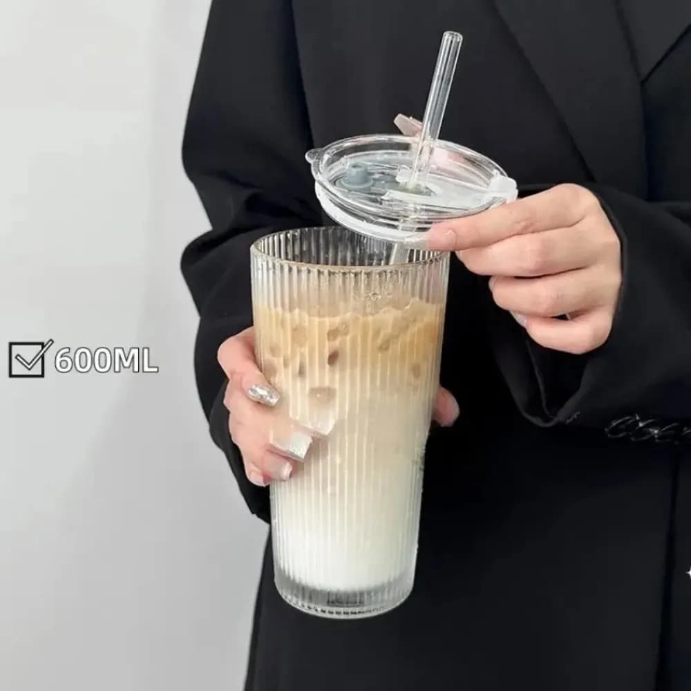 Glass Cup with Lid and Straw Set