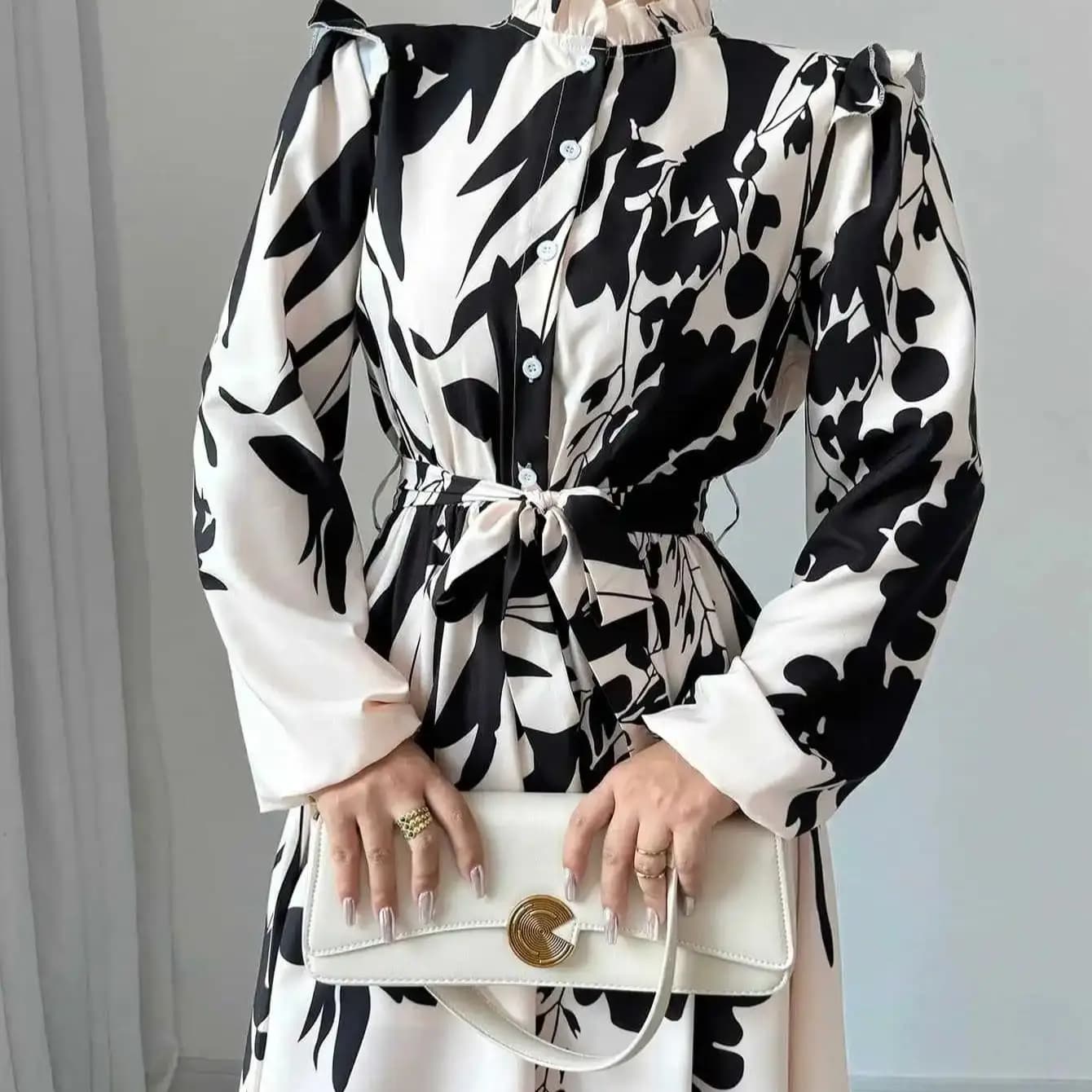 Black and White Floral Long Sleeve Ruffled A-Line Dress