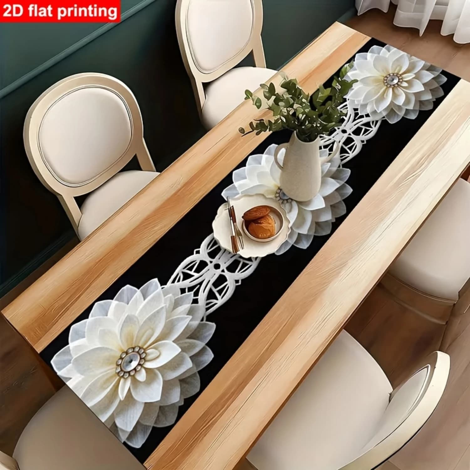 White Floral Linen Table Runner