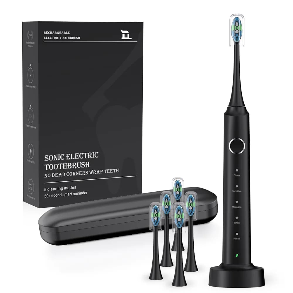 Electric Toothbrush With Six Brush Heads and Dock