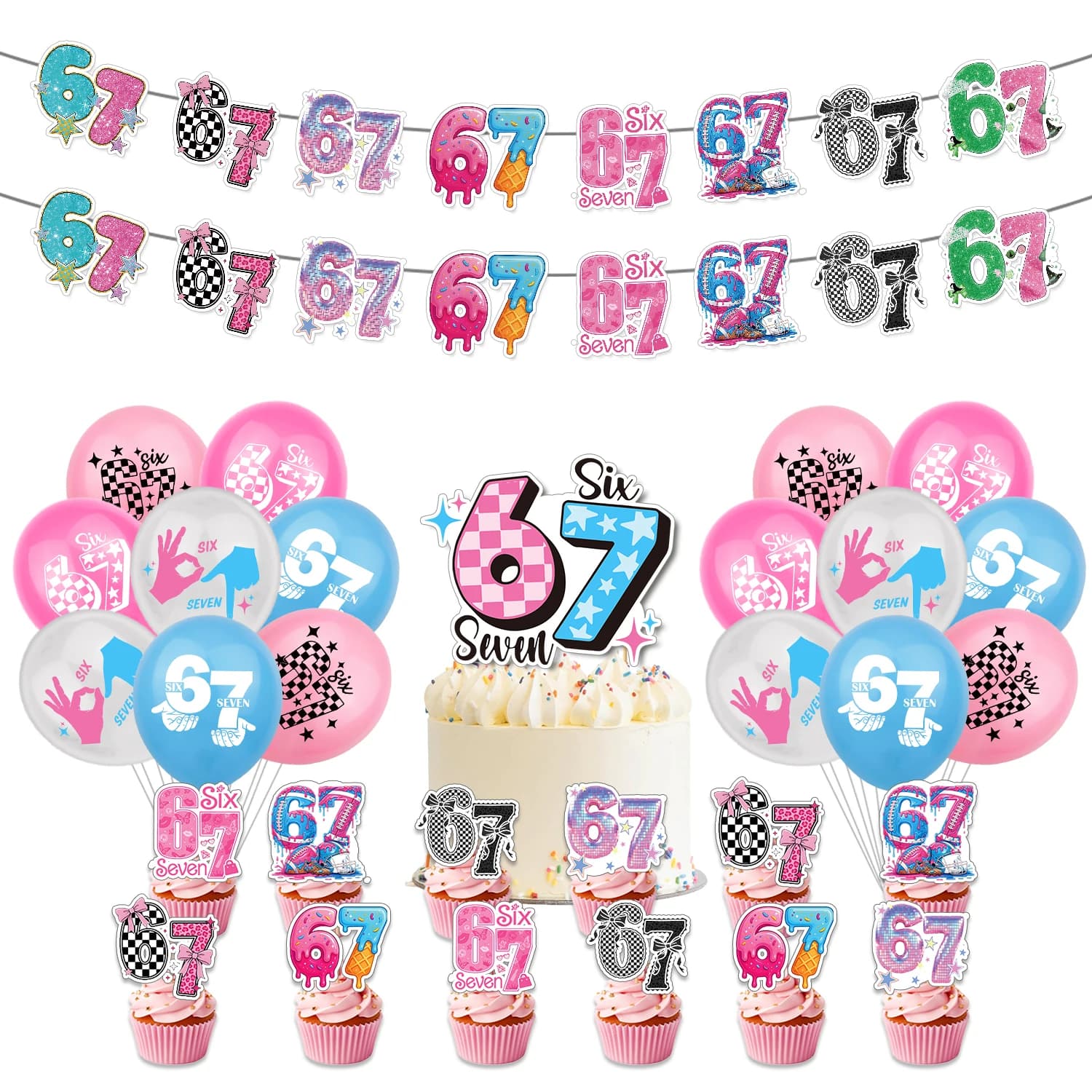 Funny 67 Six Seven Party Decorations, 67 MemeThemed Party  Decorations Set Includes Banner, Cake Topper, Cupcake Toppers, Ballon