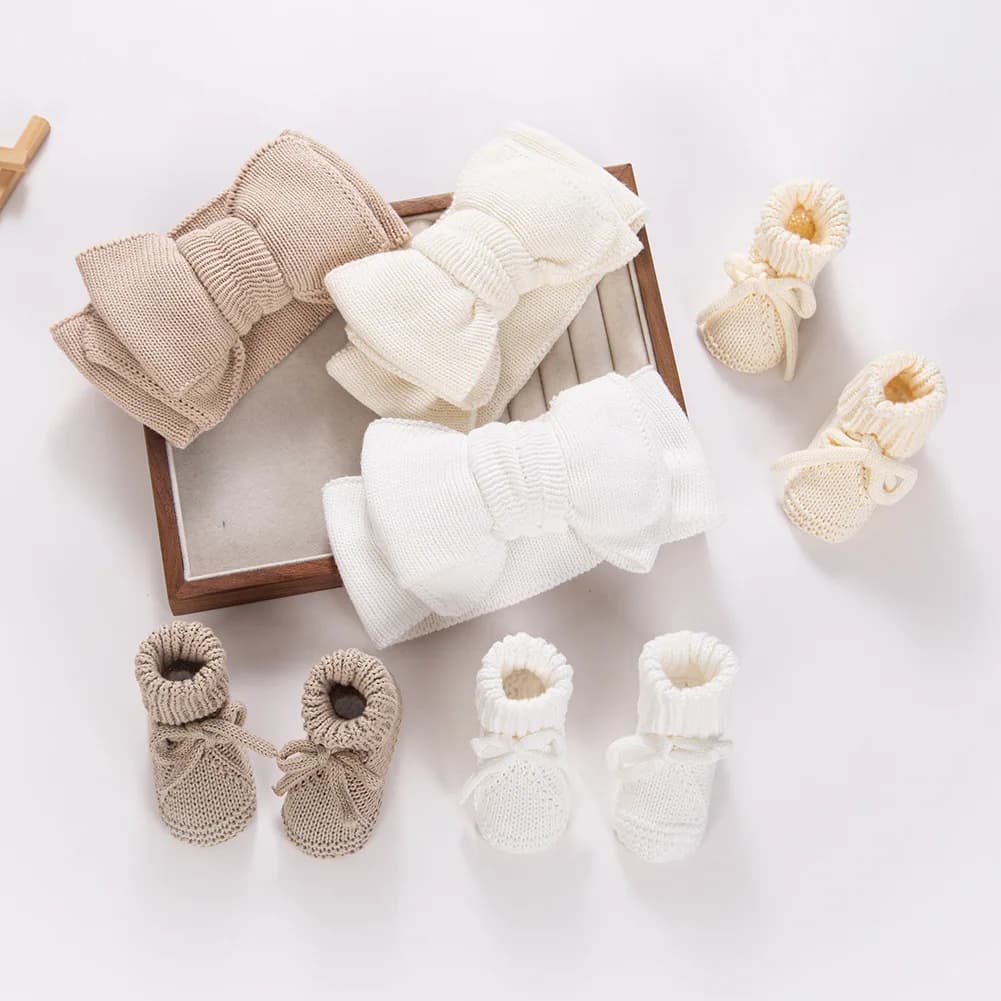 Baby Knitted Headband and Anti-Slip Crawling Socks Set