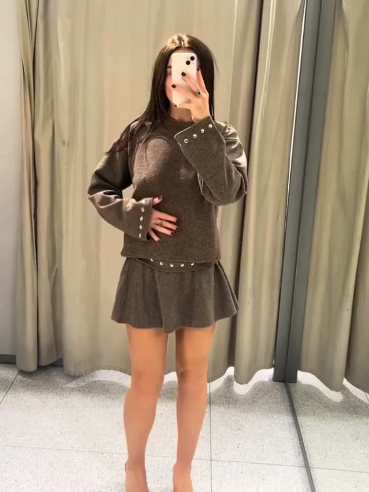 Knitted Sweater and Pleated Skirt Set