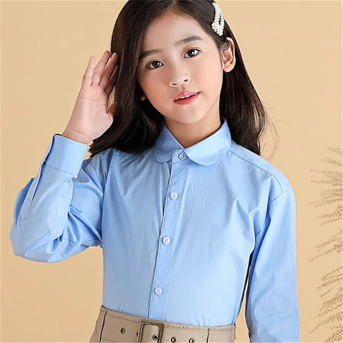 Girls White Long Sleeve School Uniform Cotton Blouse