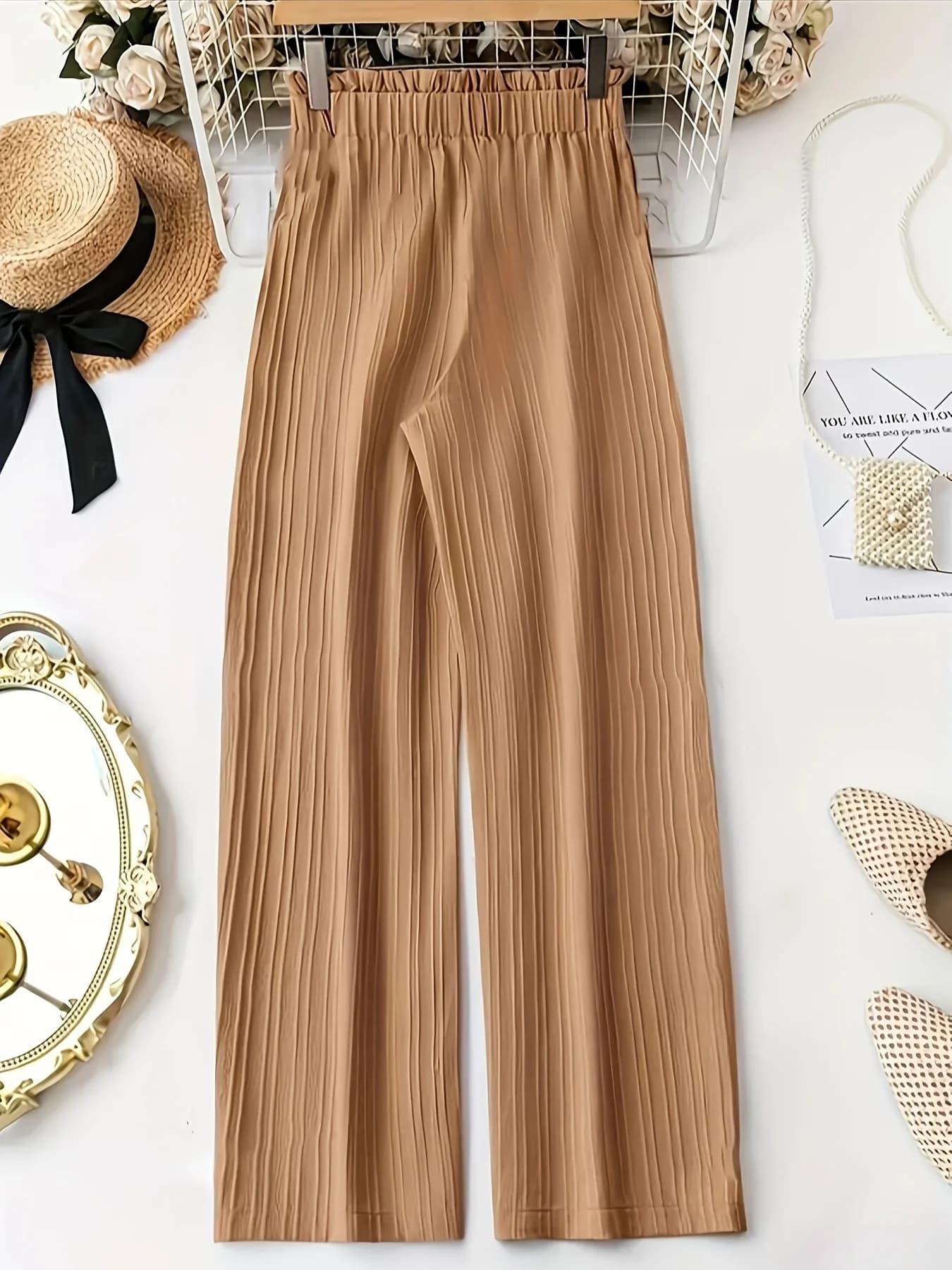 Women's High-Waisted Khaki Wide-Leg Pants