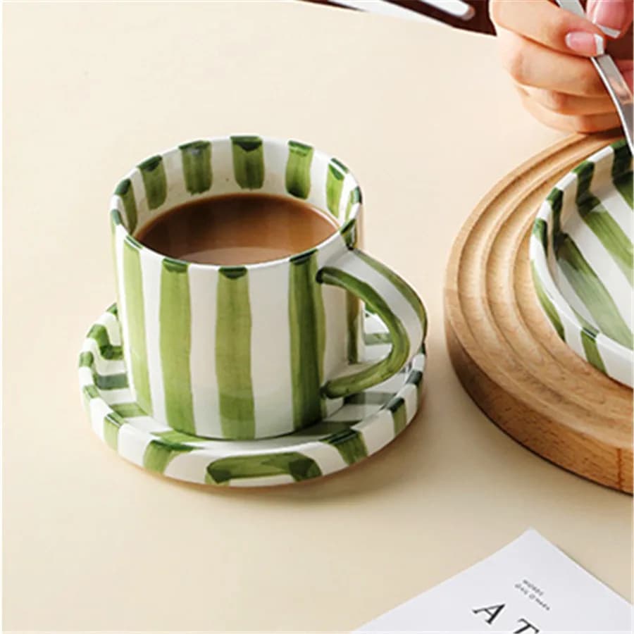 Ceramic Striped Coffee Cup with Plate