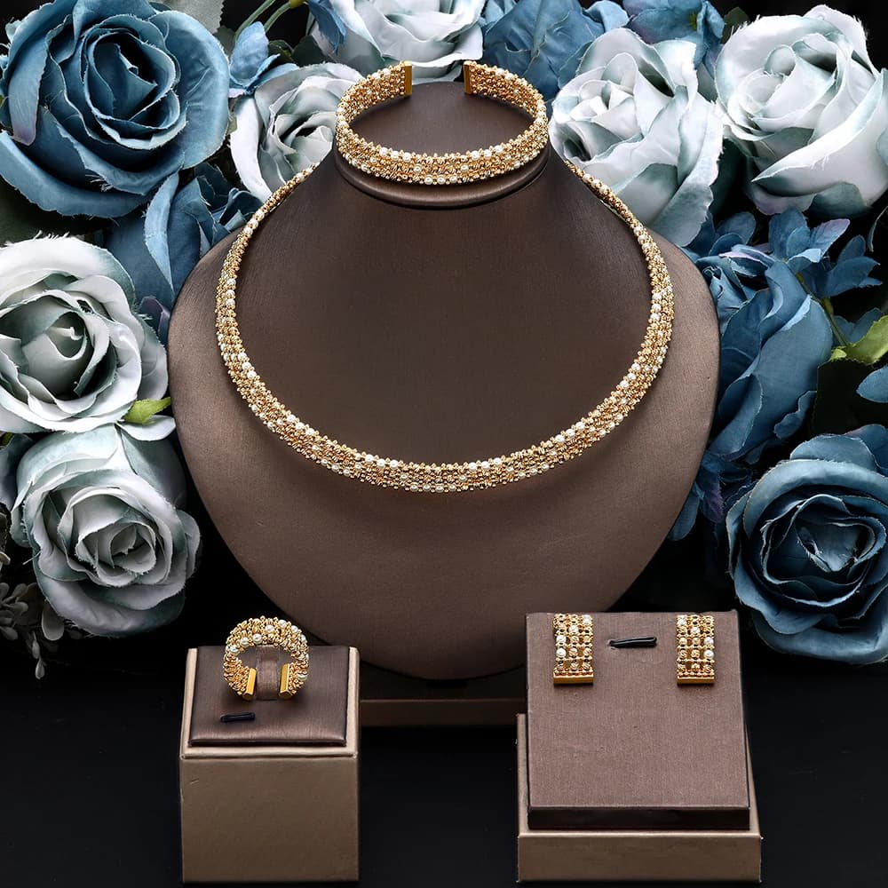 Dubai Wedding Bridal Full Jewelry Sets For Women Party Luxury Nigeria Gold Plated Beads Choker Necklace Jewelry Set