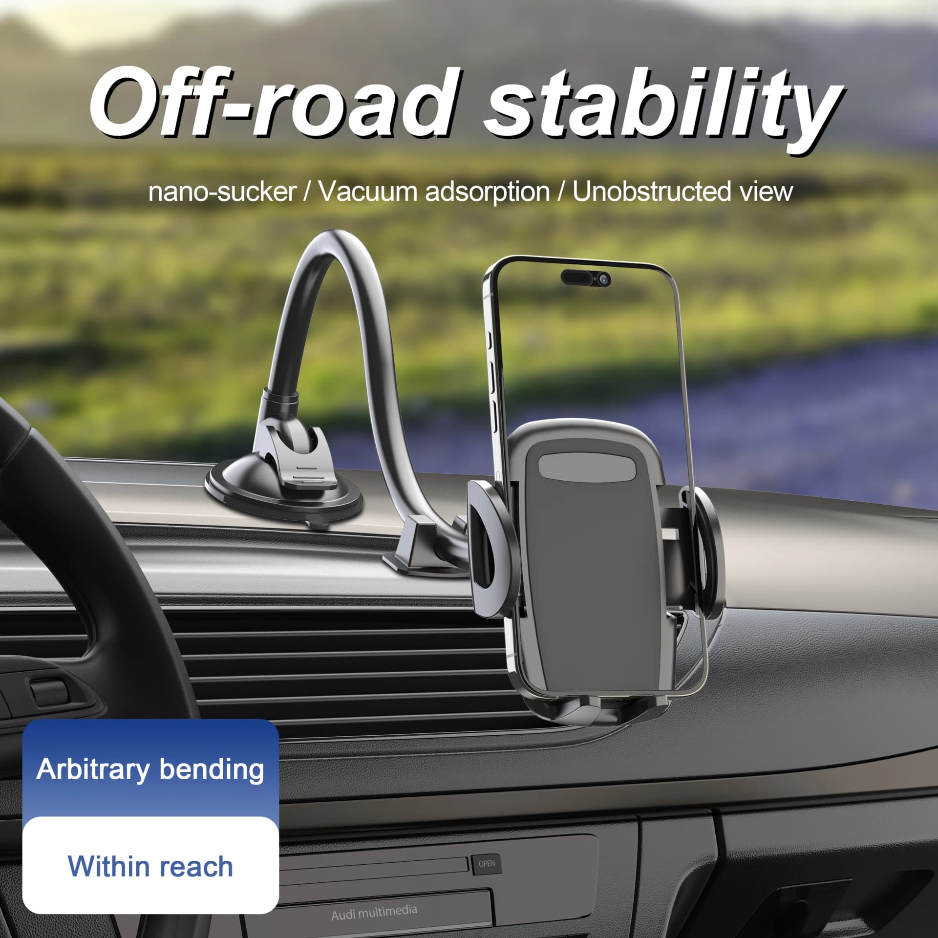 Solid Car Truck Phone Mount Holder with 11.8-Inch Gooseneck Long Arm Anti-Shake Stabilizer Compatible All Cell Phones iPhone