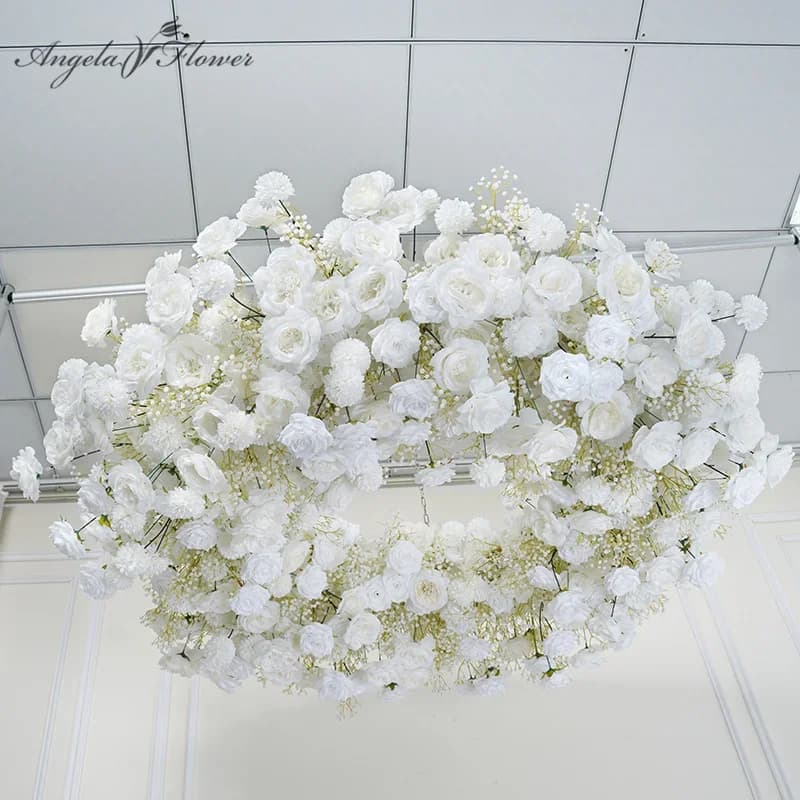 Wedding Backdrop Decor Ceiling Hanging Metal Round Hoop Frame, White Baby Breath, Rose Pompom, Floral Arrangement, Event Flower
