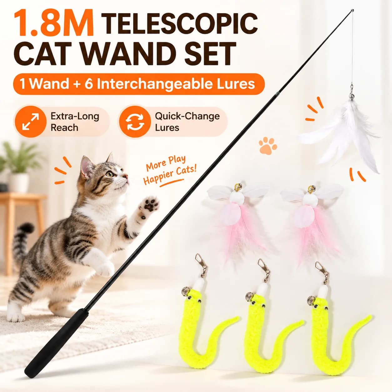 Telescopic Cat Wand Toy with 6 Feather Lures