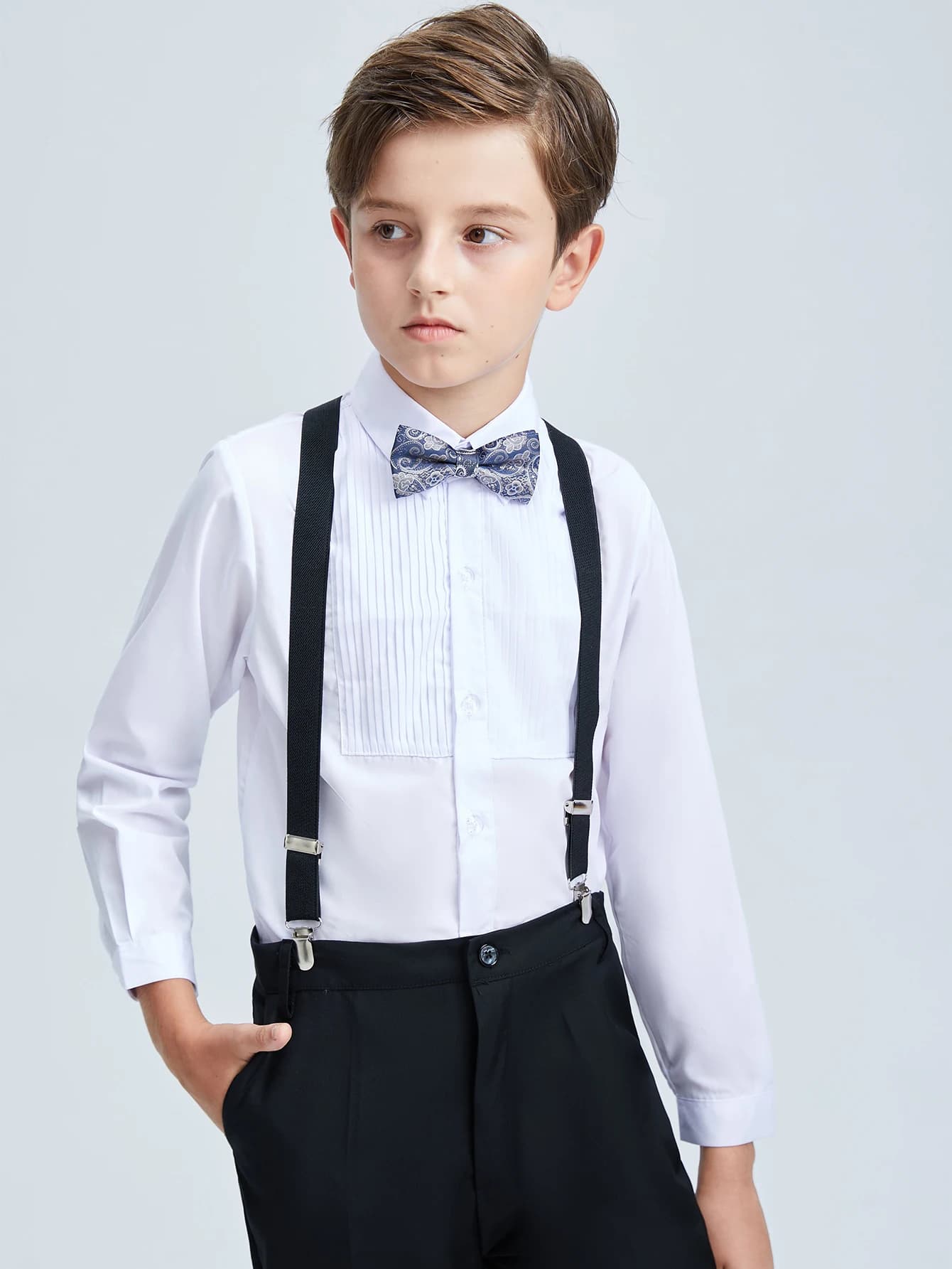 4pcs/set Boys' Suit Set With  Shirt , Pants  Tie And Straps School Uniforms