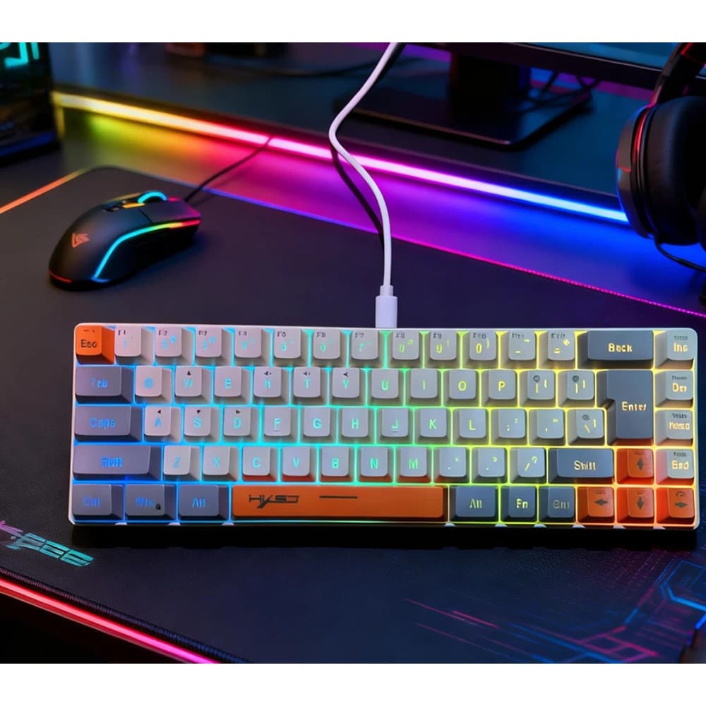 Teclado Gamer Color Game Film Keyboard 65% Key-Line Separation RGB Backlit Multi-Function Wired USB Keyboards Gaming PC Branco