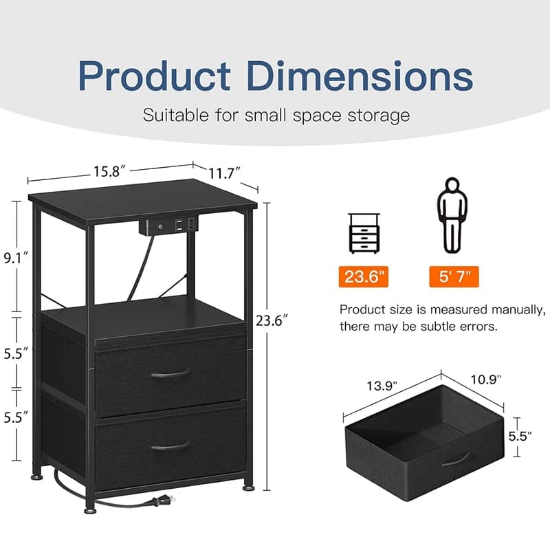 Night Stand with Charging Station and LED Lights End Table for Bedroom with 2 Fabric Drawers Storage Shelf Bedside Table Black