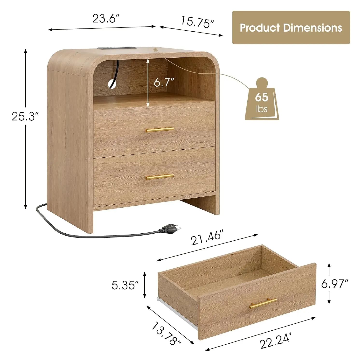 Nightstand w/ Charging Station & 2 Drawers, 25'' Tall Bedside Table, 23.6'' End Table, Curved Profile, Light Oak, Customized