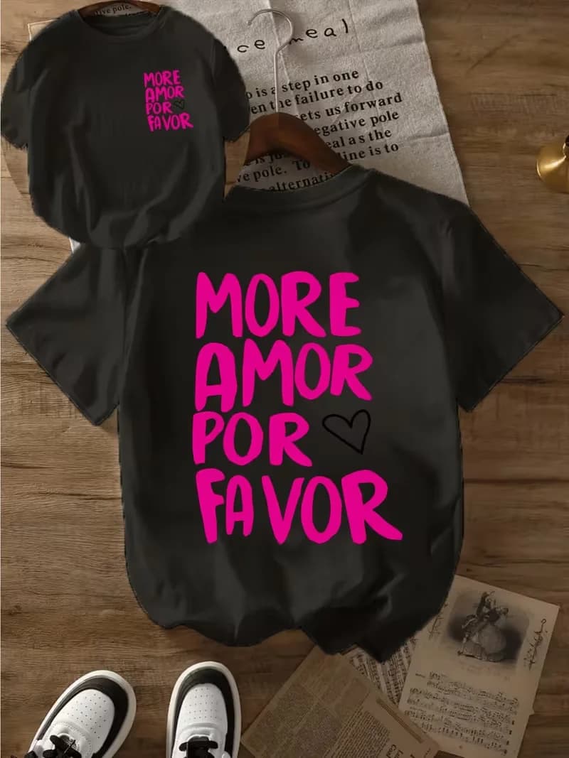 Women's T-shirt  More Amor Por Favor Heart Checkerboard Print Casual Loose T Shirt Streetwear Daily Wear Durable Casual T Shirt