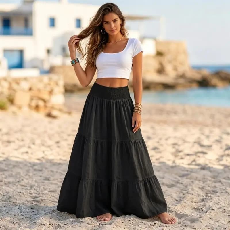 Women's Full Length Maxi Skirt with Shirred Waist