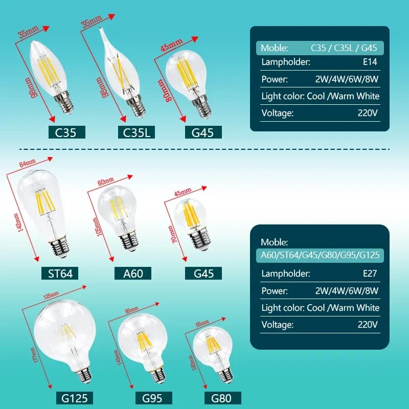 LED Retro Edison Bulb E14 E27 AC 220V 2W 4W 6W 8W Vintage Glass Lamp C35 G45 A60 ST64 G80 G95 G125 Led Filament Light Home Decor