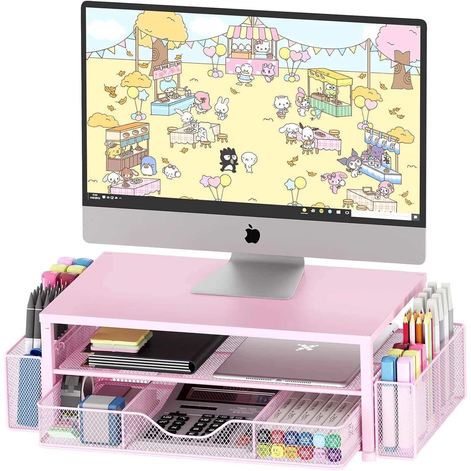 2-Tier Monitor Stand with Drawer and Pen Holders