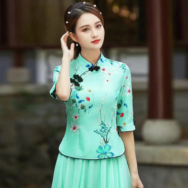 Embroidered Qipao Cheongsam Top with Pants Set
