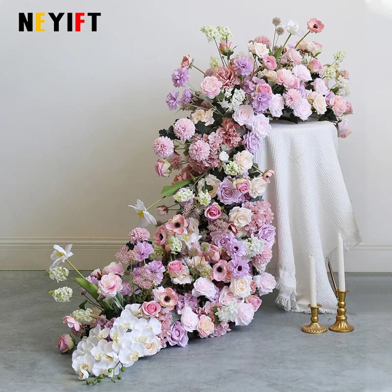 Wedding Decor Table Runner Purple Rose Dahlia Flower Row Strips Suspended Ceiling Floral Arrangement Event Window Display Props